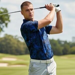 Yatta Golf Mens Blue Black Tropical Palm Leaf Print Polo Shirt Size Medium 1939